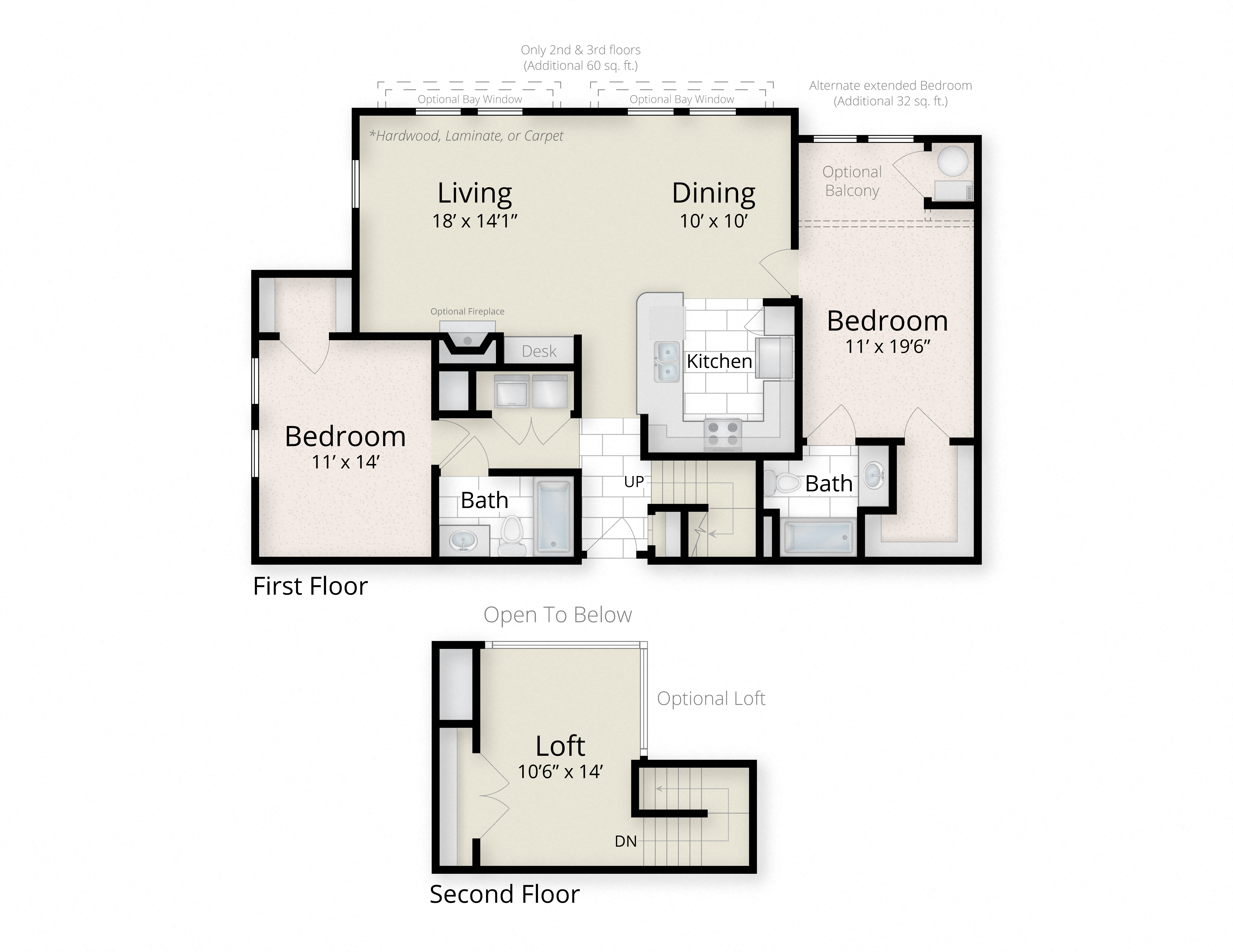 Floor plan for 2 beds, 2 baths, 1292 sqft